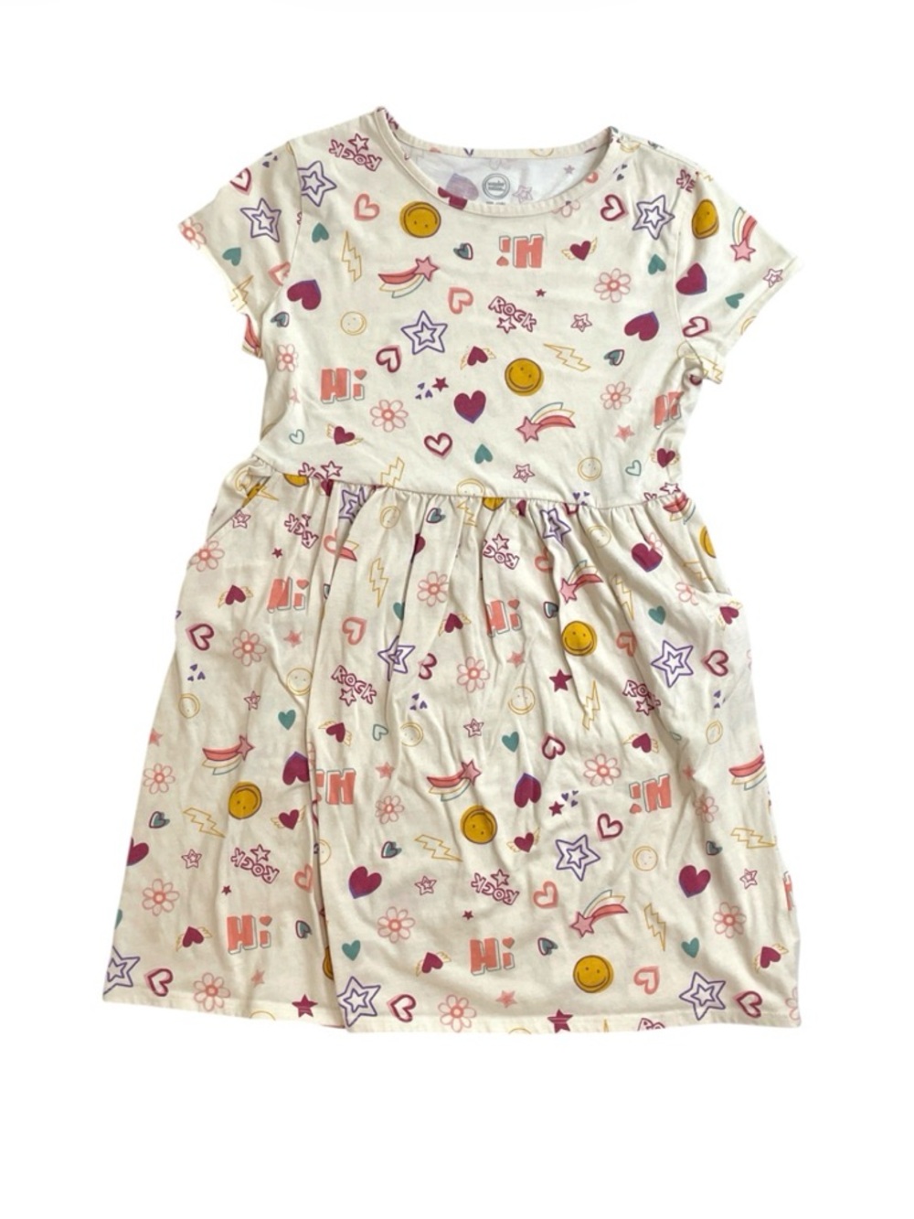 wonder nation Cream Dress with Colorful Emoji and Heart Prints